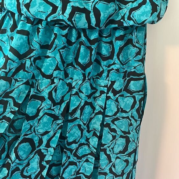 J. B. Too vintage aqua & black print blouson flutter sleeve pleat dress size 14 - Picture 3 of 9